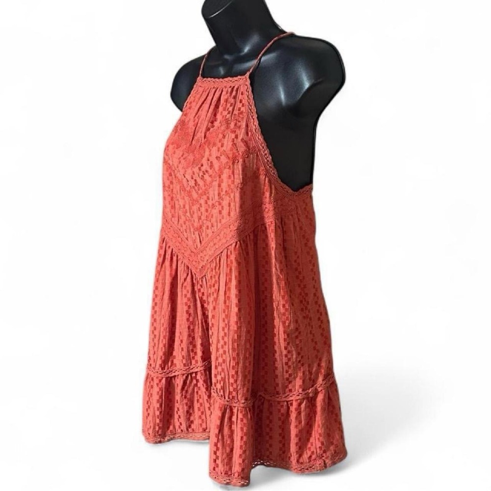 Free People Checkered Mini Babydoll Lace Detailing & Floral Embroidery Tie Back